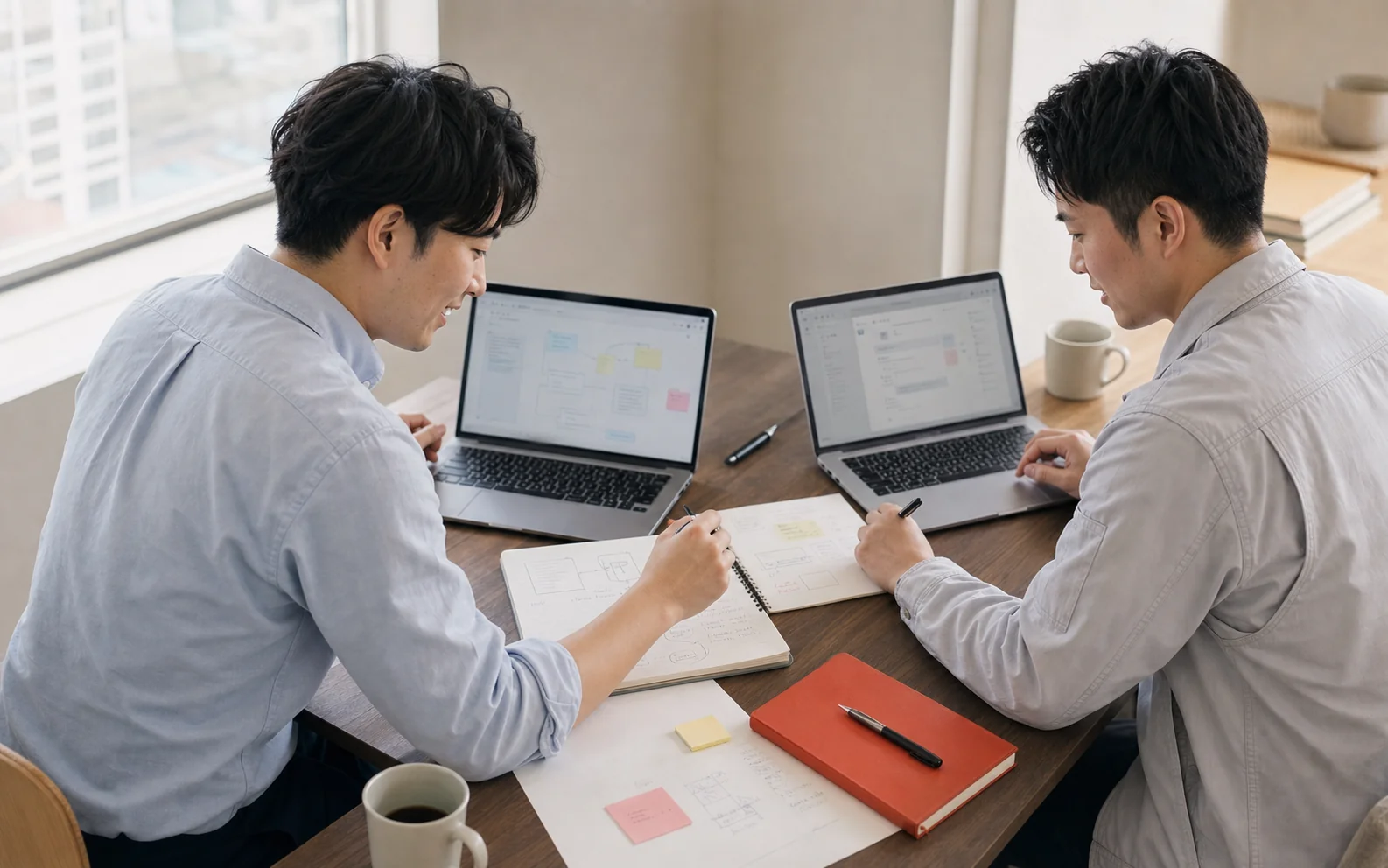 同じデスクでノートPCとメモを広げて作業する小野寺穂高と丹野健心